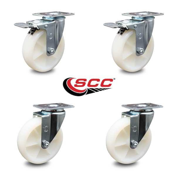 5 Inch Nylon Wheel Swivel Top Plate Caster Total Lock Brakes SCC, 2PK